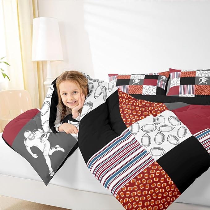 Feelyou Football Kids Comforter Set Twin Size Rugby Sports Bedding Set Soccer Ball Game Duvet Quilt for Kids Boys Girls Bedroom Gift for Football Lover Decor Orange Red Ultra Soft Breathable