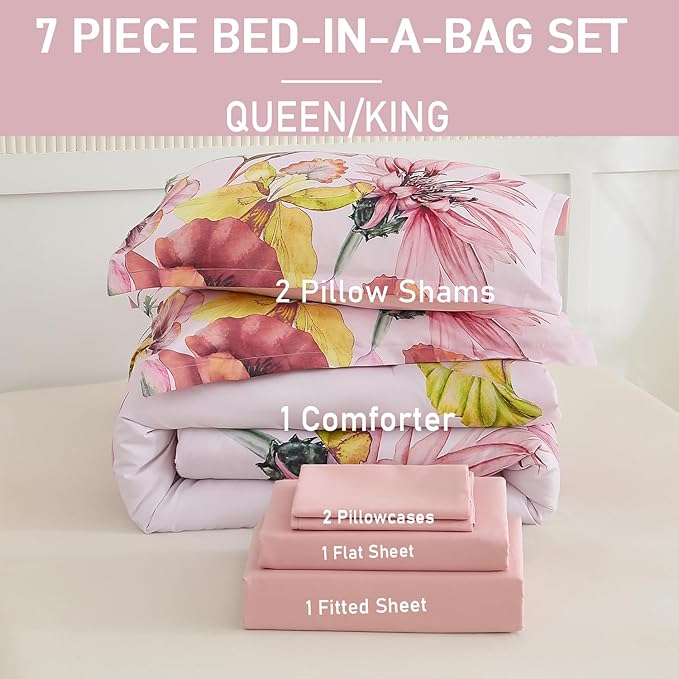 Yogeneg King Size Comforter Set 7 Piece Bed in a Bag,Elegant Floral Botanical Pattern Pink Bedding Set,Soft Microfiber Comforter with Sheet Set,All Season Bed Set(Blush Floral,King)