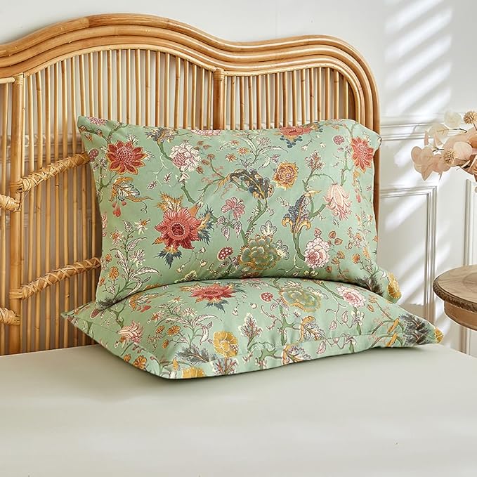 MKXI Farmhouse Floral Comforter Set Gorgeous Bed Comforter Print Orange Pink Flowers On Green Queen Size Botanical Comforters Vine Pattern Aesthetic Bedding Comforter for All Season