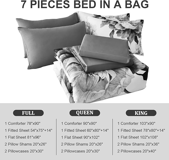 Dobuyly Grey Full Size Comforter Set 7 Piece Bed in a Bag, Gray Floral Printed on White Comforter Set with Sheets, Soft Microfiber Botanical Farmhouse Bedding Set for All Season