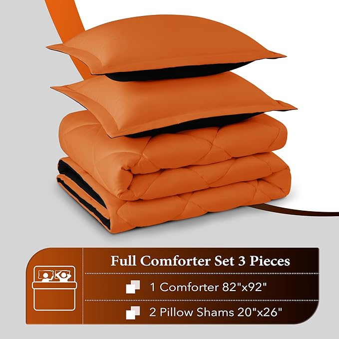 downluxe Full Size Comforter Set - Orange and Black Full Comforter - Soft Bedding Sets for All Seasons -3 Pieces Comforter Set Full with 2 Reversible Pillow Shams