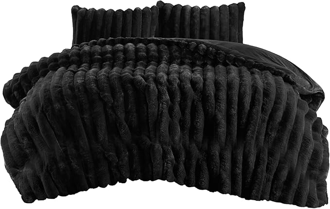 Madison Park Jasmine Queen Comforter Set, Luxurious Reversible Faux Fur Plush Ribbed Velvet Bedding, Fuzzy Thick Warm Winter Comforter, Super Soft Fluffy 3-Piece Set Black