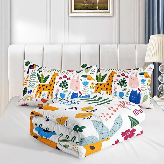 Kids Cute Cat Comforter Set Queen Size 3Pcs Cartoon Pet Rainbow Giraffe Fishing Bedding Set Lovely Animal Parrot Flower Quilt Bed Set for Children Girls Boys Room Decor