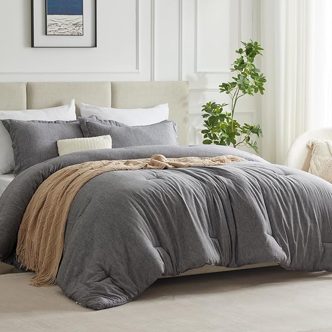 CozyLux Oversized King Comforter Set, 3 Pieces 120x98 Grey Soft Luxury Cationic Dyeing Bedding Set for All Season, Gray Breathable Fluffy Bed Sets with 1 Alternative Comforter and 2 Pillow Shams