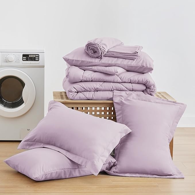 Love's cabin King Size Comforter Set Light Purple, 7 Pieces King Bed in a Bag, All Season Bedding Sets with 1 Comforter, 1 Flat Sheet, 1 Fitted Sheet, 2 Pillowcase and 2 Pillow Sham