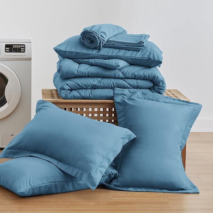 Love's cabin King Size Comforter Set Misty Blue, 7 Pieces King Bed in a Bag, All Season Bedding Sets with 1 Comforter, 1 Flat Sheet, 1 Fitted Sheet, 2 Pillowcase and 2 Pillow Sham