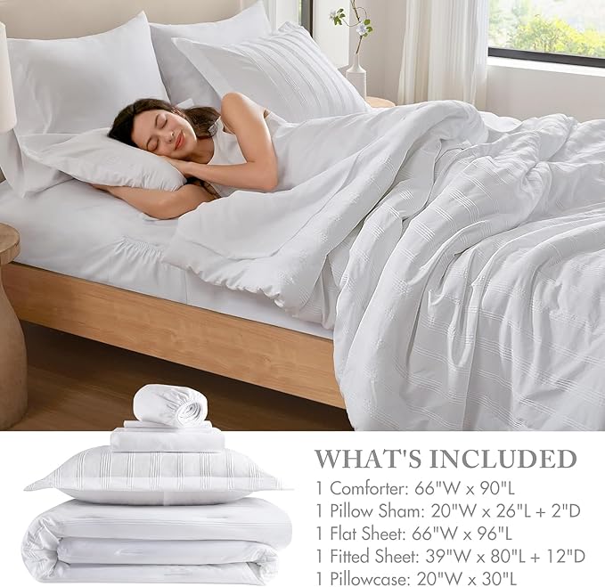 Madison Park Essentials Striped Comforter Set Twin XL, 5 Pieces Modern Minimalist Jacquard Bedding Set for All Season, Bed in A Bag with Sheet Set and Soft Brushed Reverse, Lightweight White
