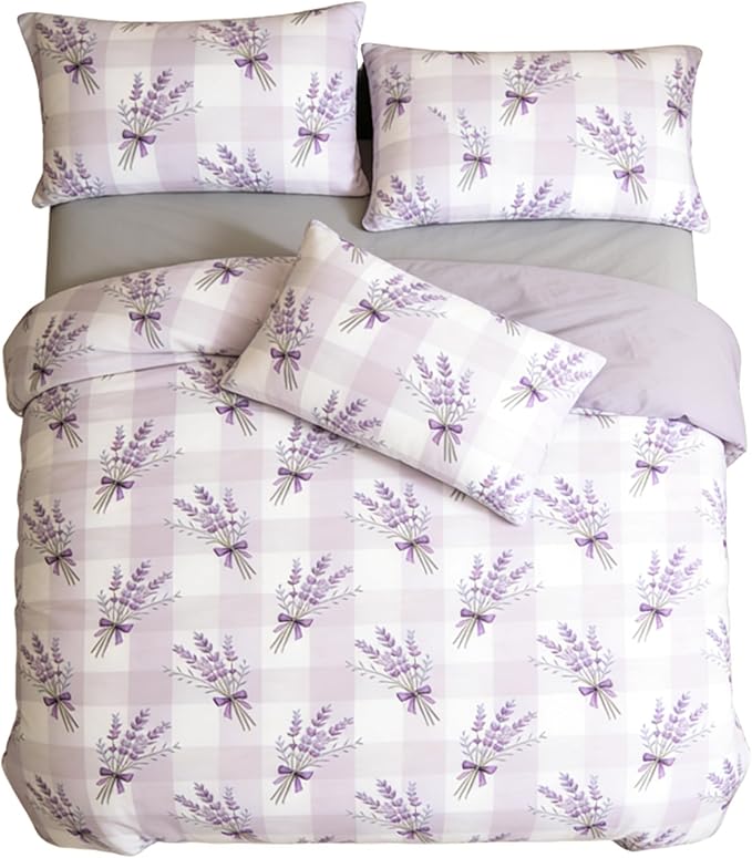 Lavender Comforter Set Full Size Purple Gingham Bedding 3Pcs Boho Plaid Checkered Pattern Quilted Comforter with 2 Pillowcases, 79"x90"