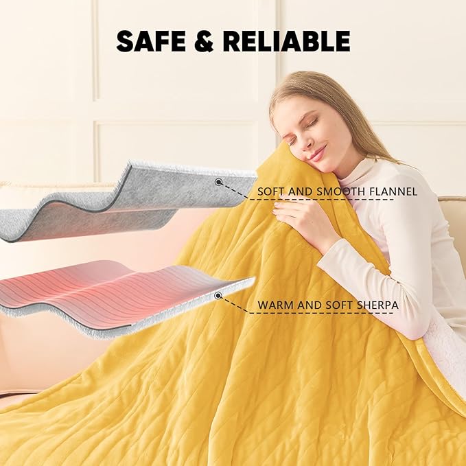 greenoak Heated Blanket Electric King Size 100"X90" Dual Control, Heating Blankets with 10 Levels 8 Hours Auto-Off, Soft Flannel Fluffy House Warming Gifts for Grandma Seniors Mom, Ginger Yellow