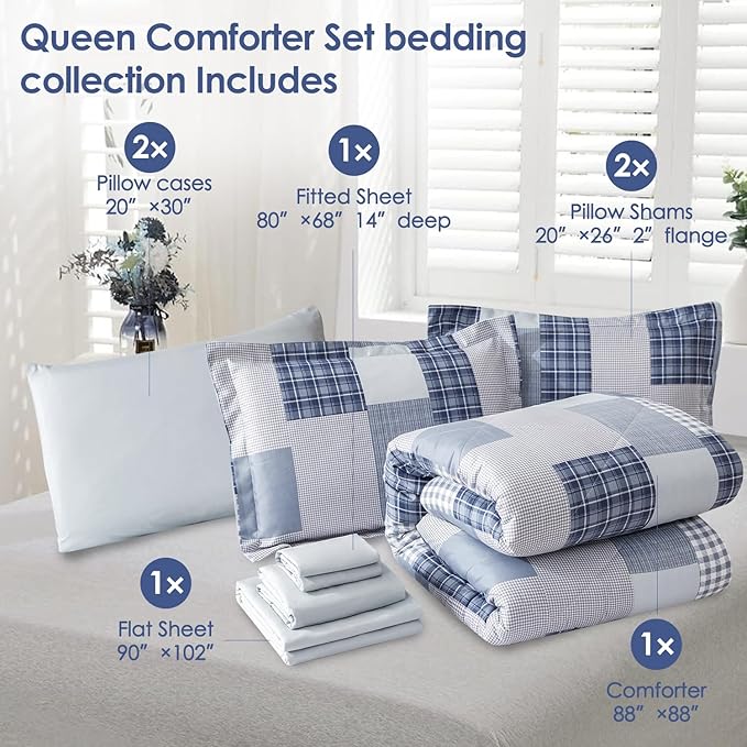 Comforter Set Queen Size Plaid Patchwork Comforter Bedding-7 Piece Bed in a Bag,Soft Fluffy Reversible Microfiber Bedding Set(1 Comforter,1 Flat Sheet,1 Fitted Sheet,2 Pillowcases,2 Pillow Shams),Blue