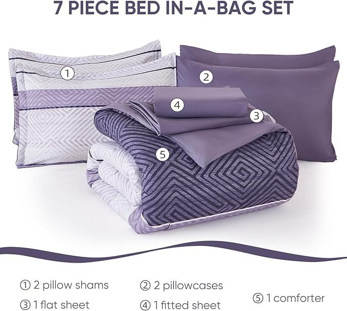 Drucon Purple Comforter Set Queen Size 7 Piece Bed in a Bag, Boho Striped Bedding Set, Soft Microfiber Comforter and Sheet Set for All Season (Queen, 90"x90")