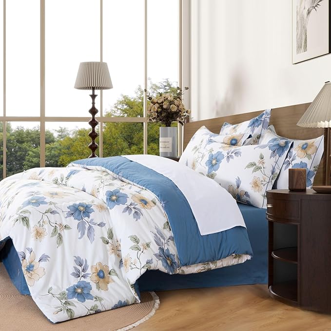 Cotton Comforter Queen Size Set – White Blue Floral Cotton Shell Bedding, Soft & Breathable, All-Season Down-Alternative Fill, Includes 1 Comforter & 1 Pillow Sham