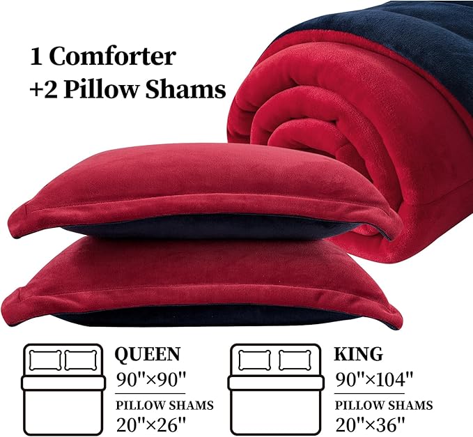 Petrichor Velvet Flannel Queen Comforter Set- Red and Navy Blanket,Luxury Fuzzy Heavy Bedding Set, 3 Pieces Plush Winter Bed Set with Comforter (90"x90") & 2 Pillow Shams (20"x26")