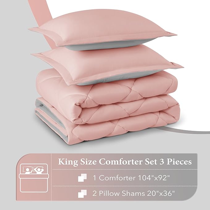 downluxe King Size Comforter Set - Pink and Grey King Comforter, Soft Bedding Sets for All Seasons -3 Pieces - 1 Comforter (104"x92") and 2 Pillow Shams(20"x36")