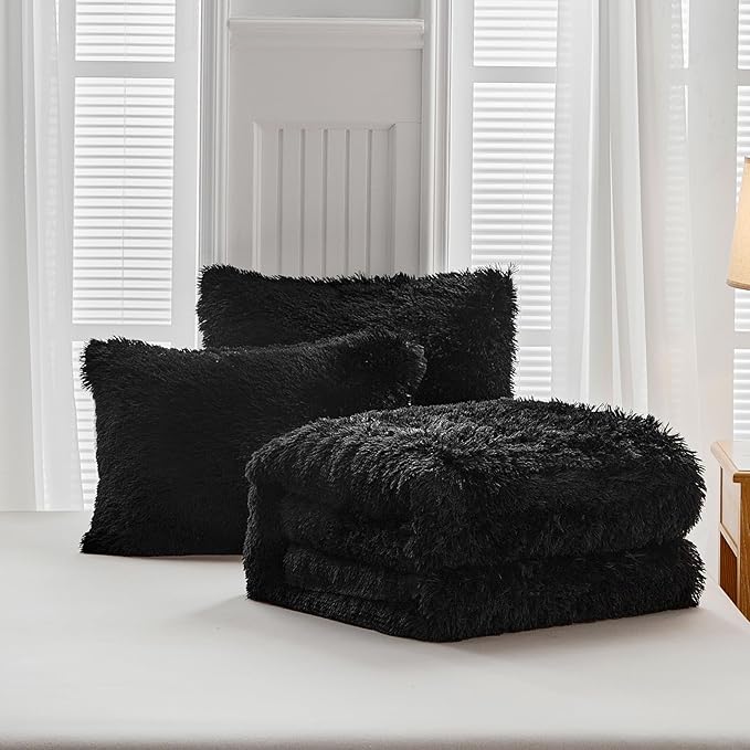 UOZZI BEDDING Black Faux Fur Comforter Set Twin 3 Pieces - 1 Black Shaggy Comforter Set 68x86 and 2 Pillowcases, Ultra Soft and Easy Care Luxury Plush Shaggy Duvet Set