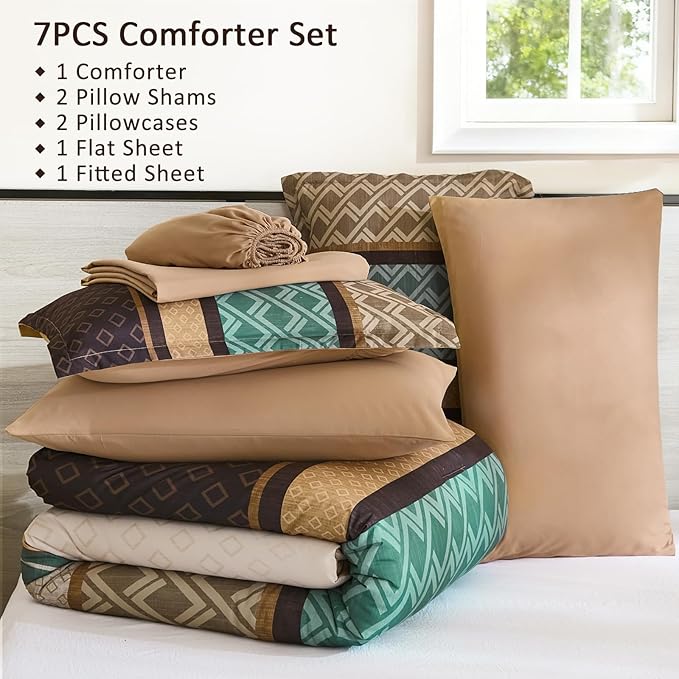 Cottolester Queen Comforter Set 7 Pieces Brown and Green Boho Striped Bed in a Bag,Soft Microfiber Complete Bedding Sets