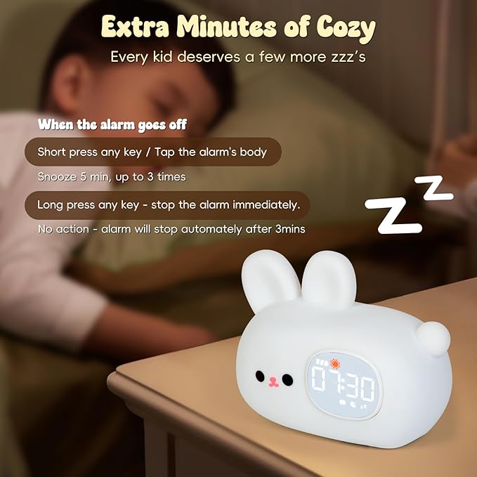 Bunny Alarm Clock with Night Light for Kids with Sleep Training and Sound Machine, Rechargeable Silicone Lamp OK to Wake Clock,Cute Animal Tabletop Lamp, Perfect Sleep Companion for Boys Girls