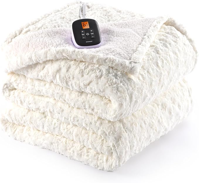 WOOMER Heated Blanket Full Size 77" x 84", Electric Blanket with a Control, 0.5-12 Hours Timer & 10 Heating Levels, ETL Certified, White Roses Patterns Faux Fur & Sherpa, Machine Washable