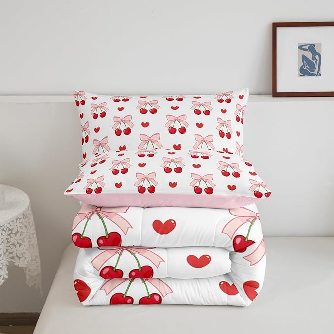 Pink Bow Girlish Kids Comforter Set King Size,Bowknot Cherry Tropical Fruit Cartoon Bedding Set,Girls Women Room Decor,Cute Princess Style Down Comforter,Pink Bow Tie Duvet Insert,2 Pillowcases