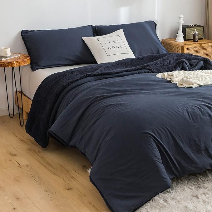 COTTEBED Warm Comforter Queen Size Sherpa Comforter Set Fuzzy Bedding Comforters Washable Cotton Fleece Down Alternative Lightweight Comforter and Pillow Shams(Dark Navy Blue,Full/Queen)