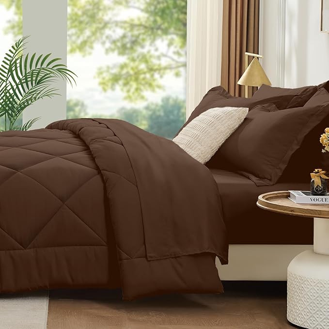 FUANNA 7 Pieces Queen Comforter Set, All Season Bed in a Bag Queen Size, Luxury Soft Bedding Sets with Comforter, Flat Sheet, Fitted Sheet, Pillowcases & Pillow Shams, Dark Brown