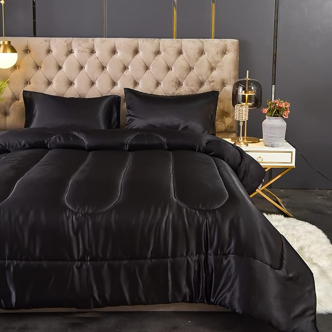 Satin Comforter Set - Black, Silk-Like, Down Alternative, King Size, 1 Comforter + 2 Pillowcases