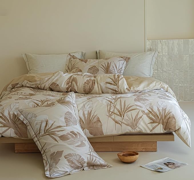 Cotton King Size Comforter Set, 3Pcs All Seasons Floral Duvet with Corner Tabs,Beige Soft Bedding Set, 1 Lightweight Comforter and 2 Pillow Shams