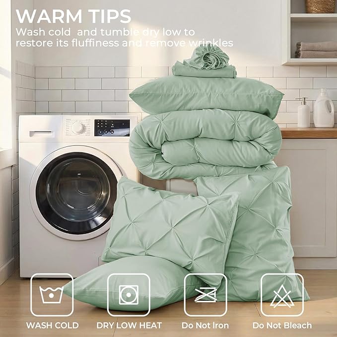 Sasttie California King Comforter Set, 7-Piece Bed in a Bag, Pintuck Bedding Sets for All Season, Includes Comforter, Flat Sheet, Fitted Sheet, Pillowcases and Pillowshams, Sage