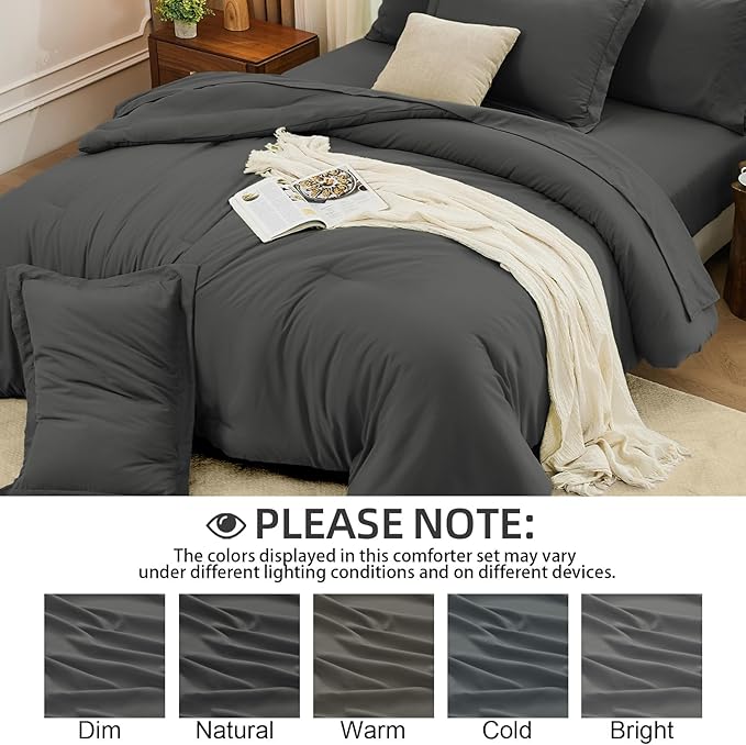 FUANNA Full Size Comforter Sets Dark Grey, 7 Pieces Soft Bed in a Bag Full, All Season Lightweight Bed Sets with Comforter, Flat Sheet, Fitted Sheet, Pillowcases & Shams