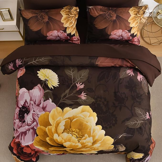 WONGS BEDDING 7 Pieces Comforter Set King Size, Floral Botanical Bed in a Bag Brown Flower Bedding Set, Soft Microfiber for All Season with Pillowcases & Shams,Sheets(90"×104")