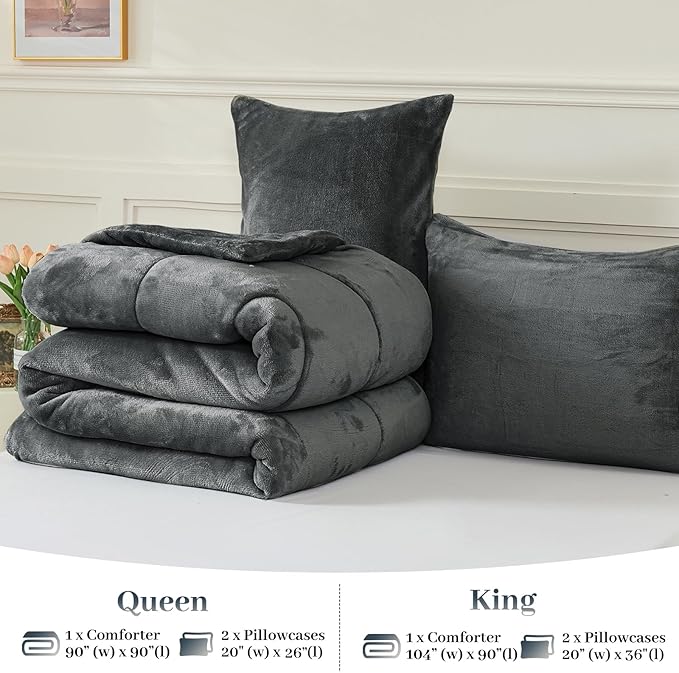 YIYEA Fluffy Queen Size Comforter Set, Luxury Faux Fur Comforter, Ultra Soft Plush Fuzzy Velvet Bedding Comforter Sets for Fall Winter, Cozy Warmth, No Shedding, 3PC, Queen, Dark Grey