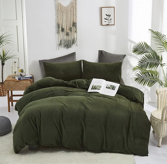karever KAREVER Dark Green Velvet Comforter Set King Army Flannel Bedding All Deep 3 PCs Shaggy Soft Warm and Durable Blanket Women