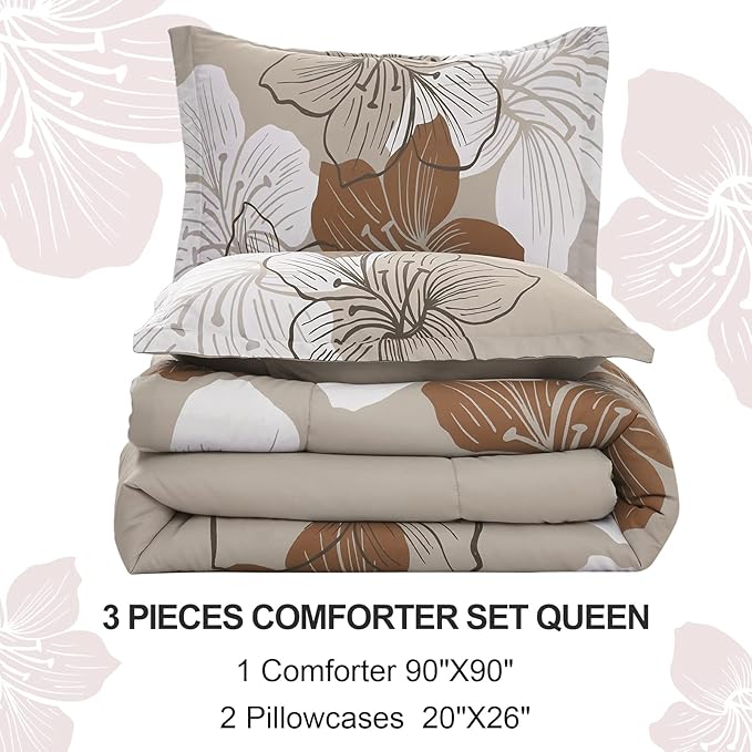 Menghomeus Brown Comforter Set Queen Taupe Floral Comforter Khaki Botanical Bedding Sets, Soft Bed Comforter Set for All Season (1 Comforter, 2 Pillowcases)