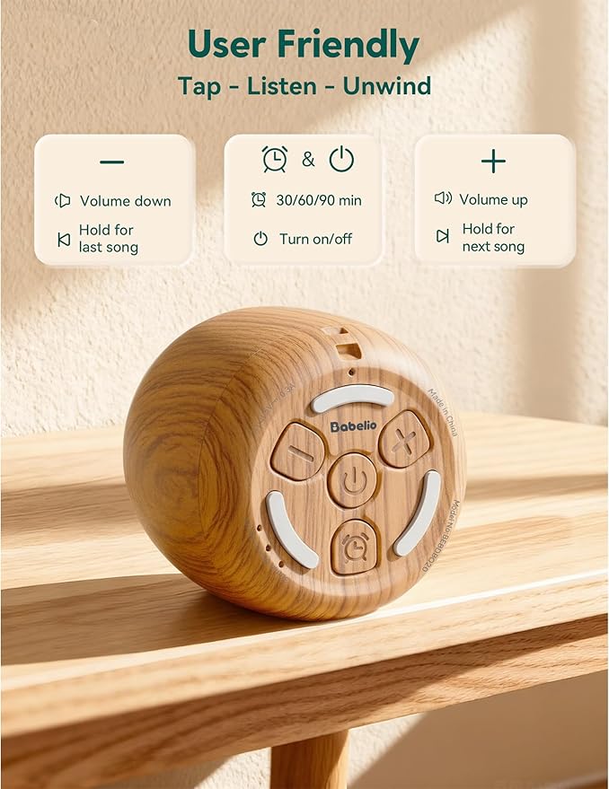 Babelio White Noise Sound Machine (Pocket Mini Pro) | 1000mAh Large Battery, 25 Non-looping Sounds for Adults, Kids & Babies, Timer, Memory Function, Pocket-Sized & Travel Essentials, Wood Grain