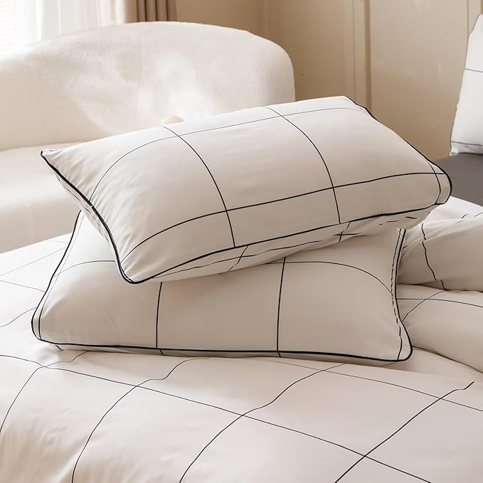 Cottonight White Black Grid Comforter Set Queen Plaid Bedding Comforter Set Women Men Queen Size Geometric Blanket Quilts 3 Piece Soft Modern Breathable Bedding Set