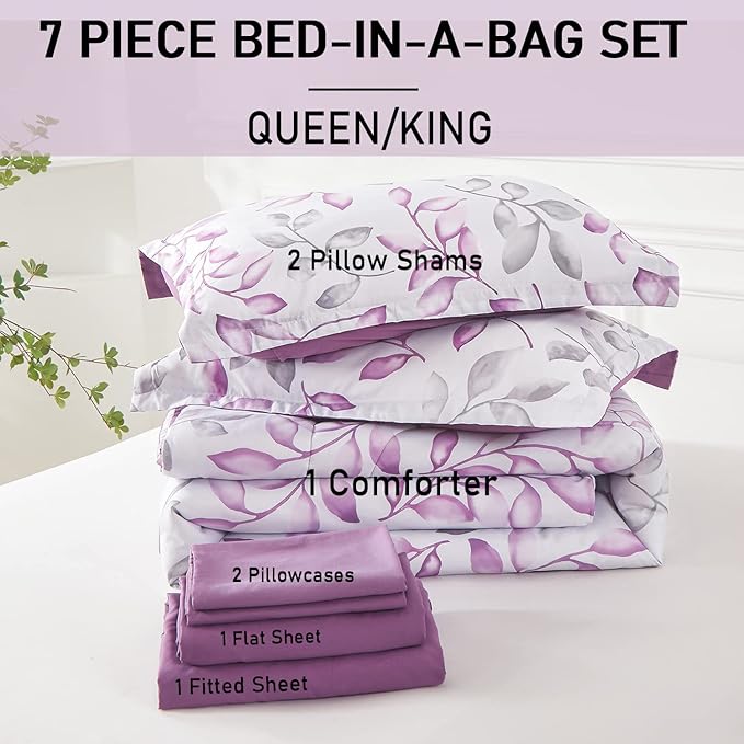 Yogeneg Botanical King Szie Comforter Set 7 PCS Bed in a Bag,Purple Grey Leaves Printed on White Reversible Design,Soft Microfiber Bedding Complete Set for All Season(Purple,King)