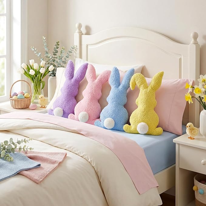 Easter Bunny Rabbit Throw Pillow: 4pcs Ultra Soft Teddy Fleece Colorful Pillows, Fluffy Bunny Shaped Cushions Easter Throw Pillows, Spring Decoration for Home, Bedroom, Living Room, Sofa and Couch
