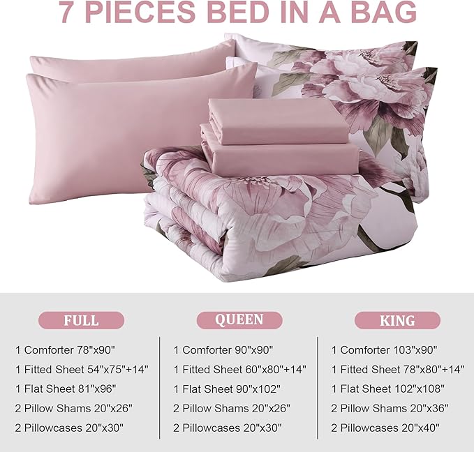 Dobuyly Pink Full Size Comforter Set 7 Piece Bed in a Bag, Blush Floral Printed on Light Pink Comforter Set with Sheets, Soft Microfiber Botanical Bedding Set for All Season