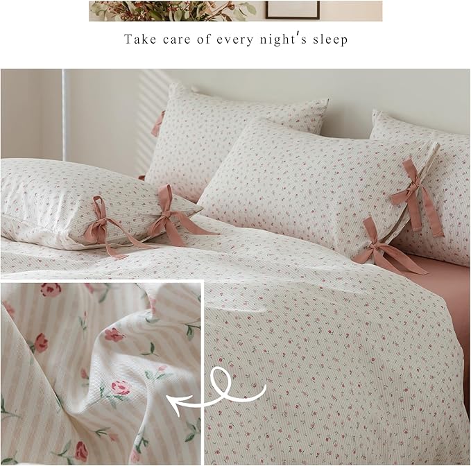 mixinni Boho Floral Comforter Sets Full Size Soft Fluffy Bed Set Green Leaves Dusty Rose Pattern on White Comforter Set, 3 Pieces Cute Floral Bedding Set with 2 Bow Tie Pillowcases for All Season