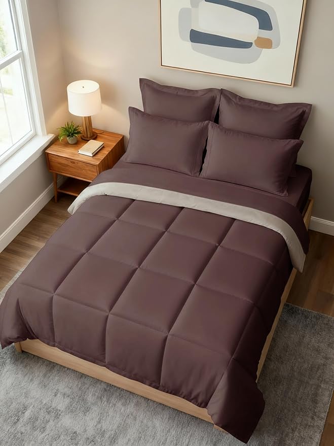 Queen Comforter Set - 7 Piece Bed in a Bag Queen Size Bed Set - Down Alternative Comforter, Flat Sheet, Fitted Sheet, Pillowcase & Shams for All Seasons - Ultra Soft, Comfy & Breathable - Brown/Beige