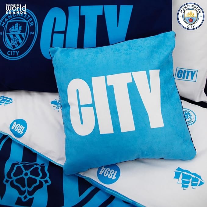 Character World Manchester City FC Official Blue Cushion, Super Soft Reversible 2 Sided, Soccer Club Crest Design, Perfect for Any Bedroom, Sofa or on The Bed 16 x 16 INCHES
