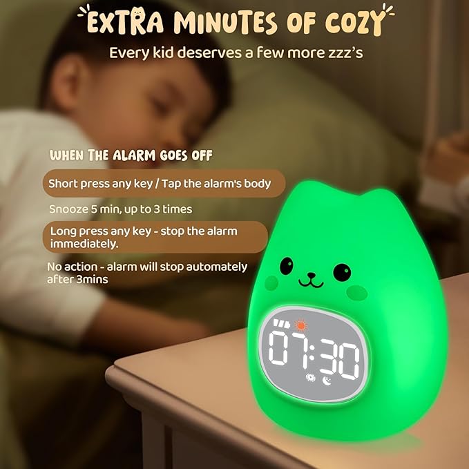 Cat Alarm Clock with Night Light for Kids with Sleep Training and Sound Machine, Rechargeable Silicone Lamp OK to Wake Clock,Cute Animal Tabletop Lamp, Perfect Sleep Companion for Boys Girls