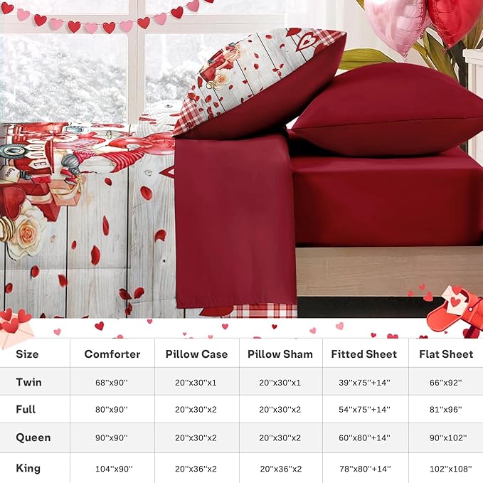 Nesker 7 Pcs Valentine's Day Comforter Set Queen Size, Romantic Heart Truck Bedding Set for Kids and Adults, Sweet Love Gnomes Sheets Bed Sheet Sets with Fitted Sheet 2 Pillowcases & 2 Shams