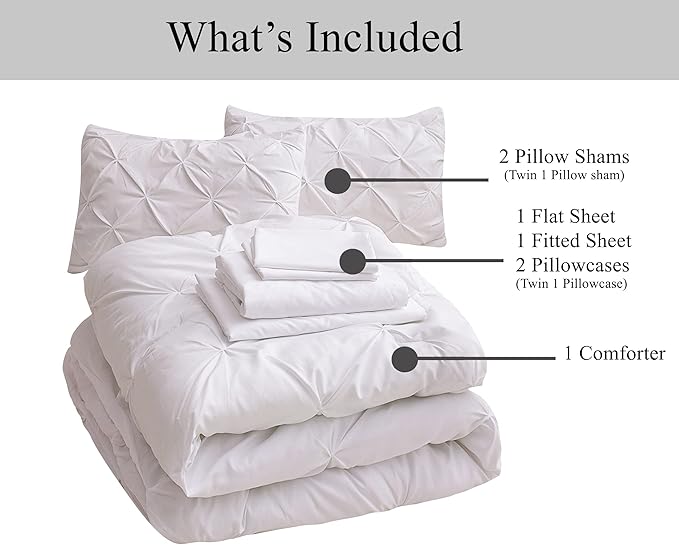 LANE LINEN Twin Comforter Set, 5 Piece Twin Bedding Sets, Ultra Soft Pintuck Twin Bed in a Bag Set with Down Alternative Comforter, Sheets, Pillowcase & Sham, Pinch Pleated Bedding Set - White
