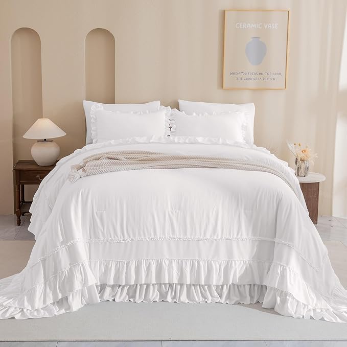 Masaca 120x120 Oversized King Comforter,Farmhouse Shabby Boho Chic Netural White Ruffle California King Comforter Set French Country Rustic Bedding 3PCS (1 Ruffled Comforter+2 Pillow Shams)
