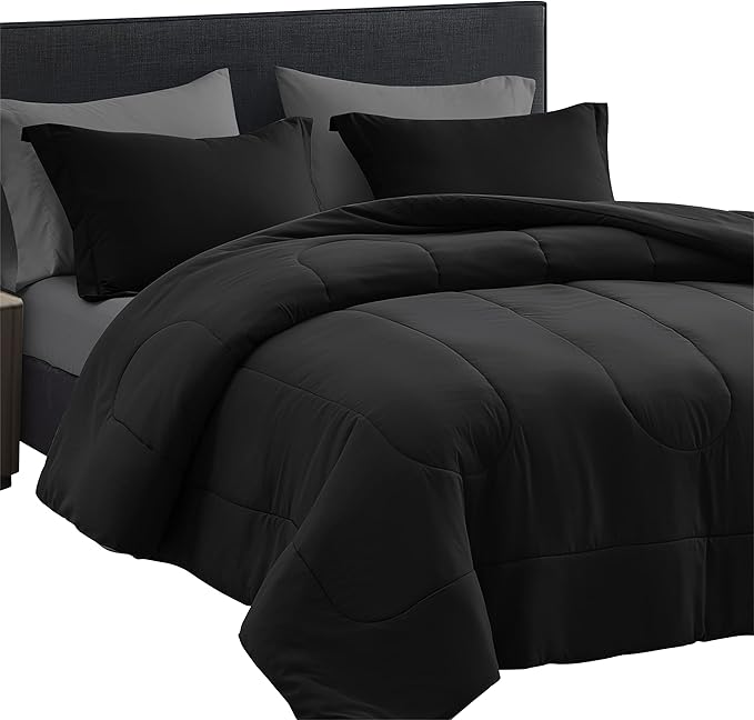 Maple&Stone Twin XL Comforter Set 5 Pieces Bed in a Bag - Down Alternative Bed Set with Sheets, Pillowcase & Sham, Soft Reversible Duvet Insert for Twin XL Bed, Black