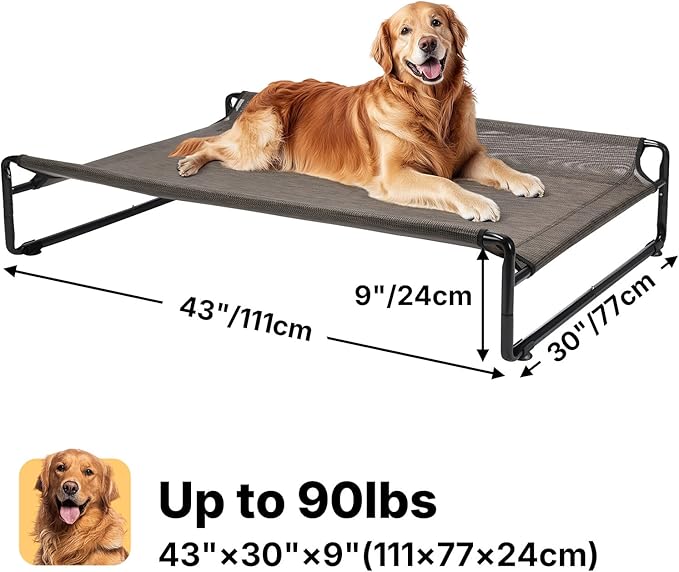 Veehoo Raised Dog Beds for Large Dogs, Washable Dog Cot with Headrest Sides, Outdoor Elevated Dog Bed with Non-Skid Feet, Breathable Mesh, Cooling Pet Hammock for Indoor or Camping, 42", Brown