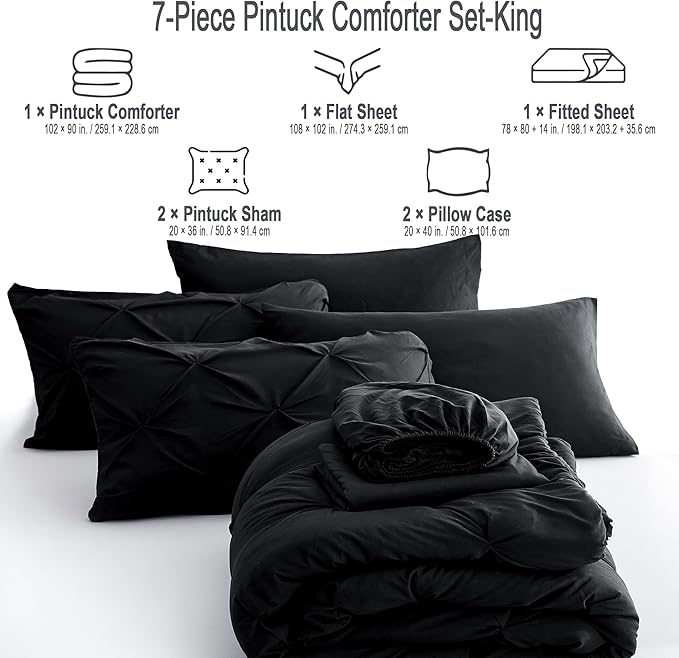 Ubauba 7pc Black King Size Comforter Set with Sheets, 7 Piece Pinch Pleating Bed in a Bag Sets, Pintuck All Season Beddings with Comforter (Black,King)