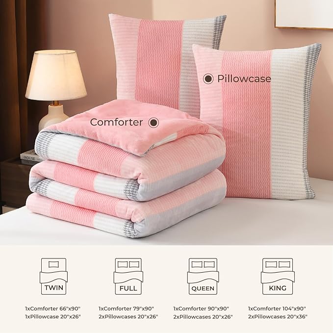 Litanika Fluffy Fleece Twin Comforter Set, Luxury Soft Plush Fuzzy Blush Stripe Bedding Comforter Sets, Warm Shaggy Faux Fur Bed Set All Season (1 Comforter, 1 Pillowcase)