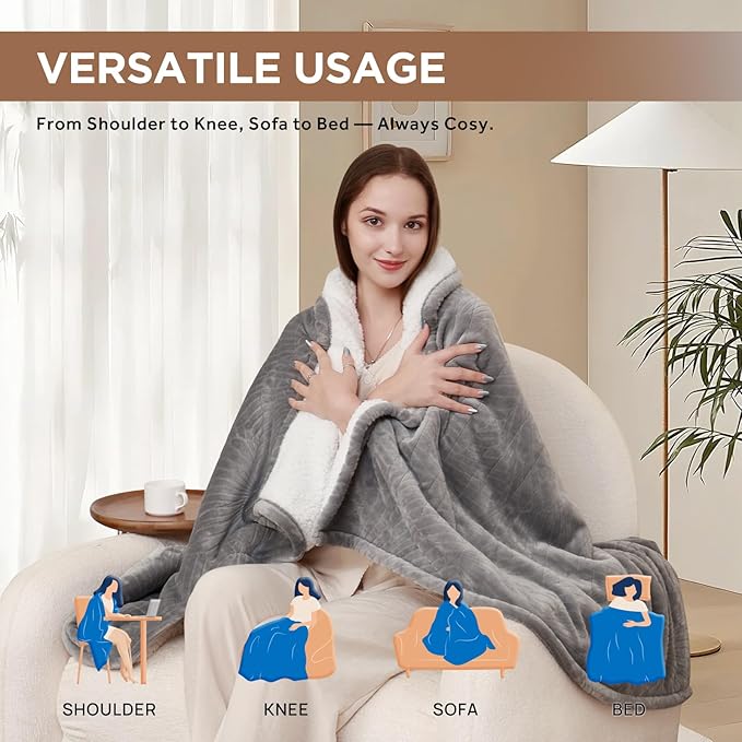 Westinghouse Electric Throw Blanket, Flannel Sherpa Heated Throw with 6 Heating Levels and 2-10 Hours Auto-Off, Flower Jacquard Heated Blanket, Fast Heating & ETL Certification, 50" x 60" Inch, Grey